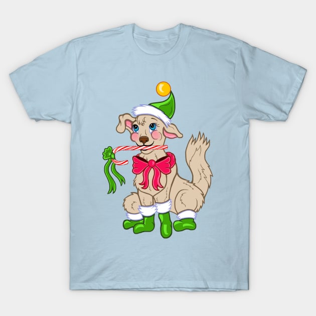 Chistmas Elf Puppy Dog with Candy Cane T-Shirt by Art by Deborah Camp